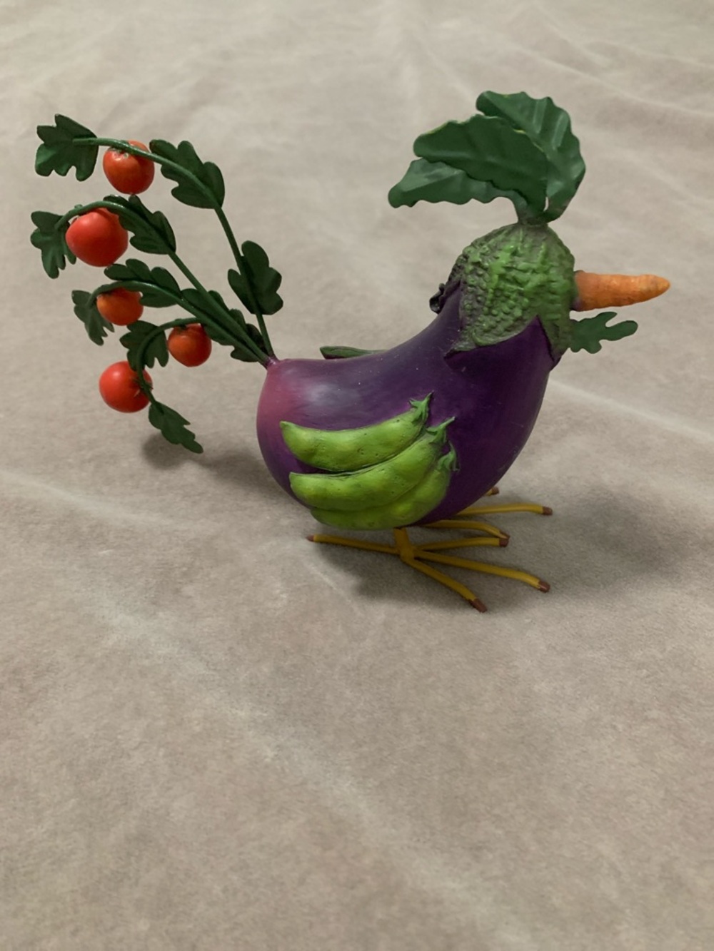 Whimsical Purple Eggplant Bird Figurine with Green Accents
